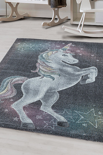 Luxuriöser Kinderteppich FUNNY Einhorn grau