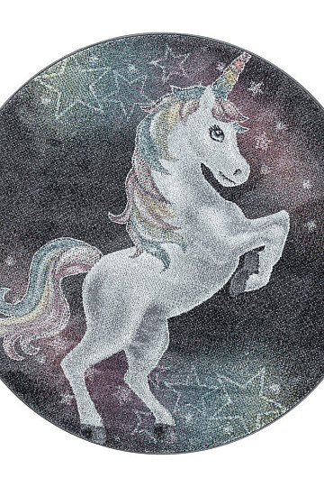 Runder Kinderteppich FUNNY Einhorn grau
