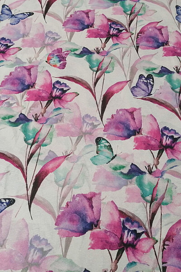 Dekorationsstoff BLUMEN UND SCHMETTERLINGE CATALEYA LILA TÜRKIS
