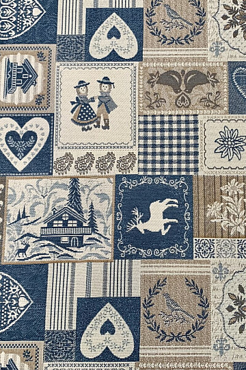 Dekorativer Jacquardstoff PATCHWORK HERZEN BLAU