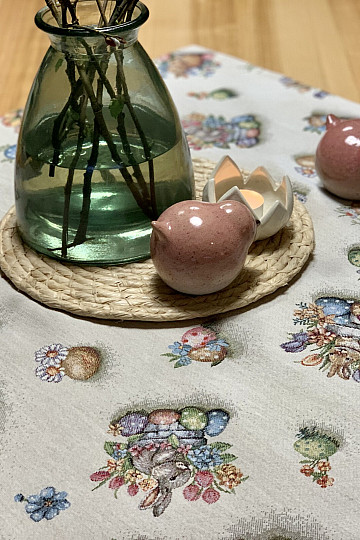 Gobelin-Tischdecke und Schal HASE IM BLUMENTOPF