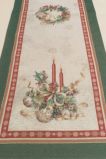 Gobelin-Tischdecke und Schal FLAMING CANDLES mit grünem Rand