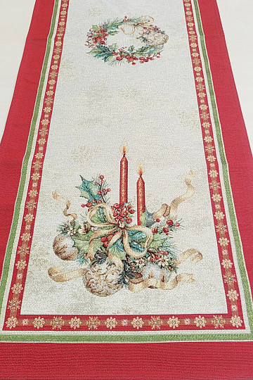 Gobelin-Tischdecke und Schal FLAMING CANDLES mit rotem Rand