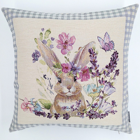 Gobelin-Kissenbezug BUNNY IN A FRAME grau kariert