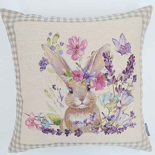 Gobelin-Kissenbezug BUNNY IN A FRAME beige kariert