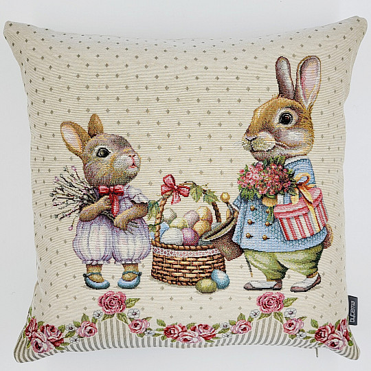 Gobelin-Kissenbezug HASEN MIT ROSEN beige