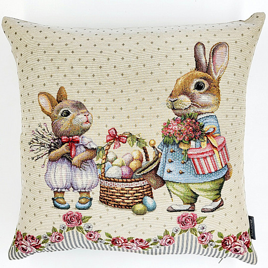 Gobelin-Kissenbezug HASEN MIT ROSEN grau