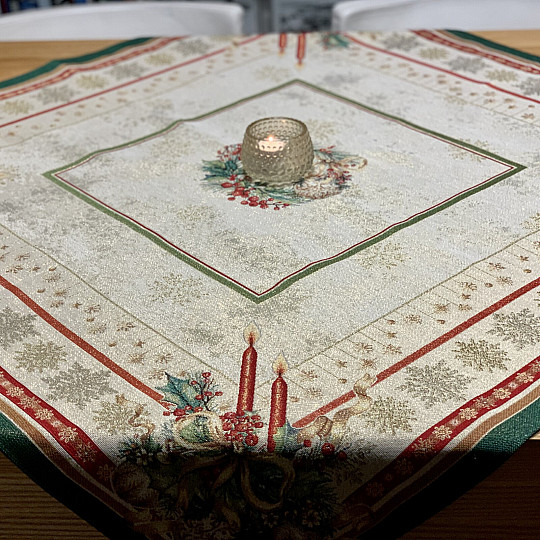 Gobelin-Tischdecke und Schal FLAMING CANDLES mit grünem Rand