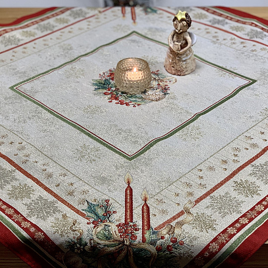 Gobelin-Tischdecke und Schal FLAMING CANDLES mit rotem Rand