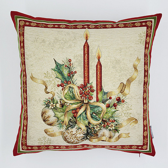 Weihnachts-Gobelinbezug FLAMMENDE KERZEN mit rotem Rand