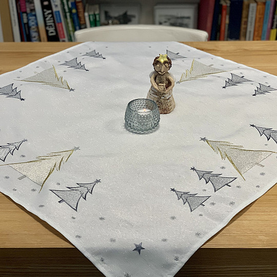 Bestickte Tischdecke und Schal GRAU GOLDENE BÄUME