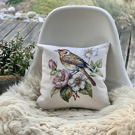 Wandteppich-Kissenbezug DISTELFINK AUF DEM APFELBAUM
