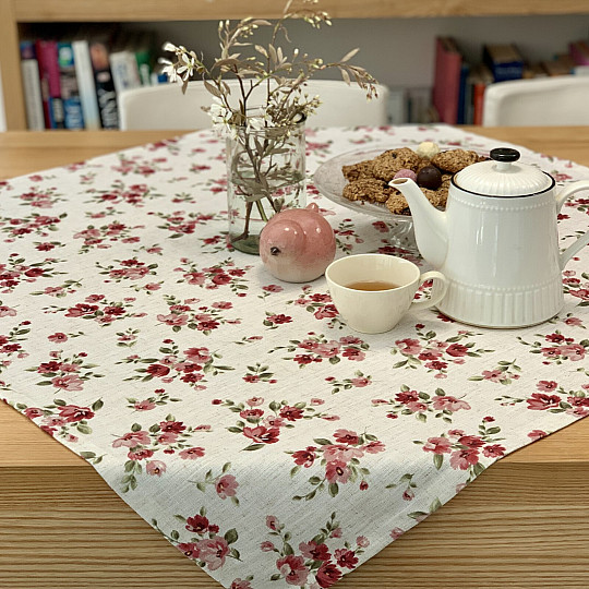 Tischdecke und Schal FLOWERS LINO rot