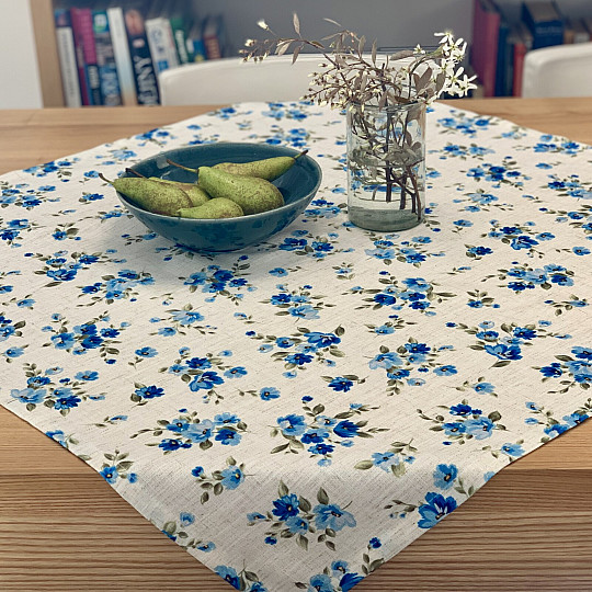 Tischdecke und Schal FLOWERS LINO blau