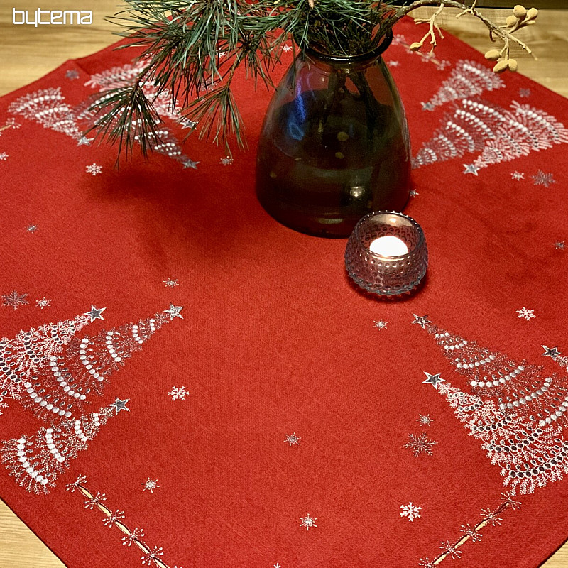 Bestickte Weihnachtstischdecke rot mit silbernen Sternen