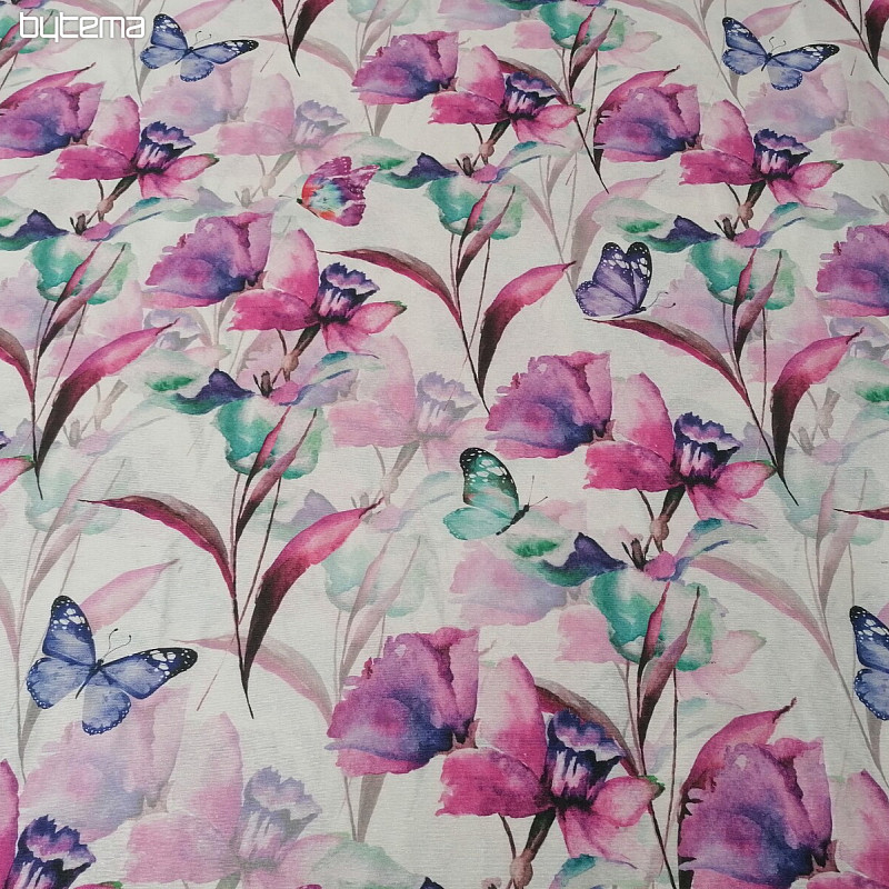 Dekorationsstoff BLUMEN UND SCHMETTERLINGE CATALEYA LILA TÜRKIS