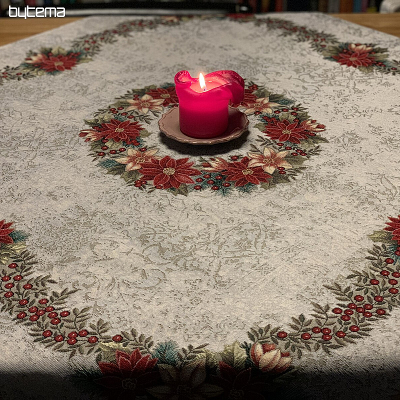 Weihnachtliche Gobelin-Tischdecken und Schals. WEIHNACHTS-ROSENWAL-KRANZ