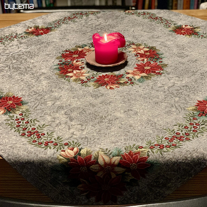 Weihnachtliche Gobelin-Tischdecken und Schals WEIHNACHTSROSENGRAUER Stechpalmenkranz