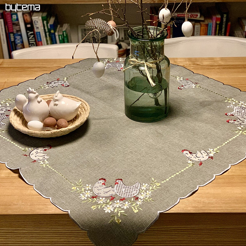 Bestickte Ostertischdecke und Schal HENNE UND BLUMEN grau