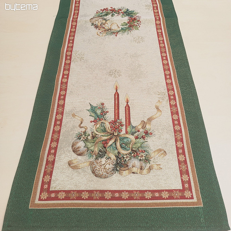 Gobelin-Tischdecke und Schal FLAMING CANDLES mit grünem Rand