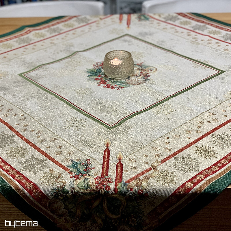 Gobelin-Tischdecke und Schal FLAMING CANDLES mit grünem Rand