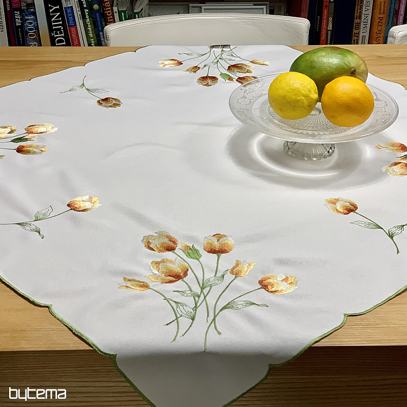 Bestickte Tischdecke und Schal mit Tulpenmotiv in Orange