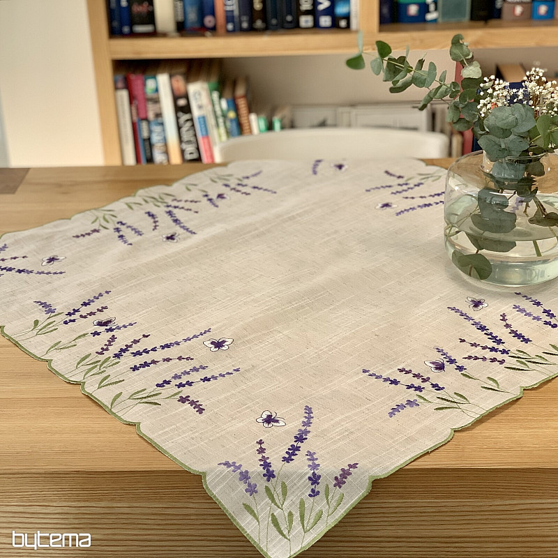 Bestickte Tischdecke und Schal LAVENDEL