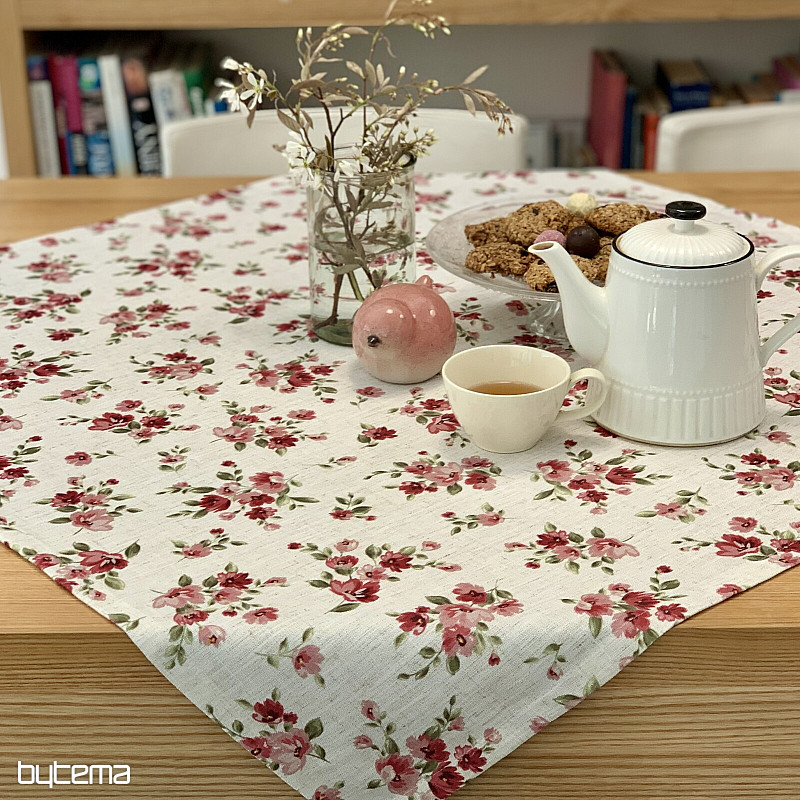 Tischdecke und Schal FLOWERS LINO rot