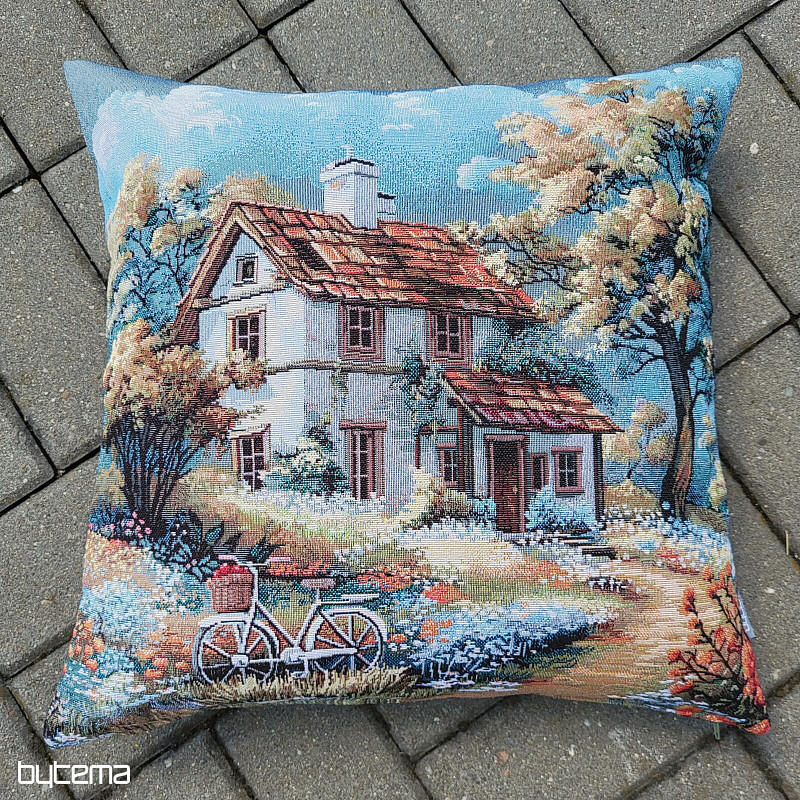 Wandteppich-Kissenbezug HAUS UND FAHRRAD