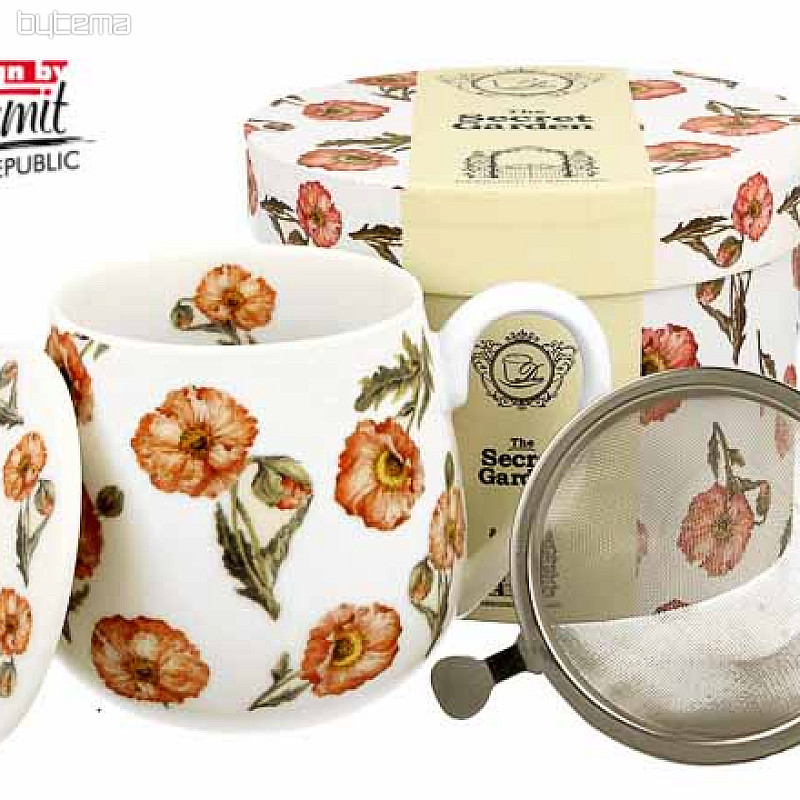 Porzellanbecher Wilder Mohn pummelig mit Sieb und Deckel