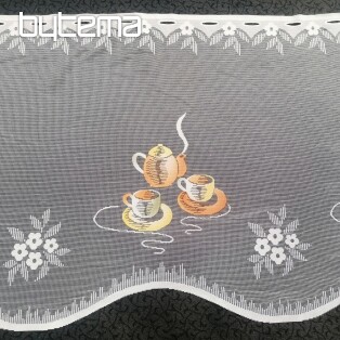 Jacquardvorhang - orange Teekanne mit Tassen