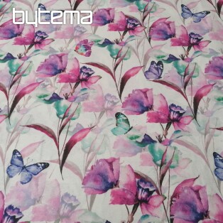 Dekostoff Blumen und Schmetterlinge Cataleya lila-türkis