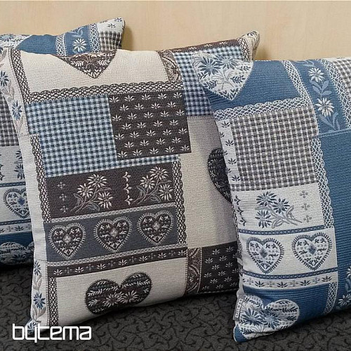 Gobelin-Dekokissen HERZ PATCHWORK grau-blau