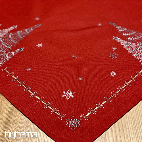 Bestickte Weihnachtstischdecke rot mit silbernen Sternen