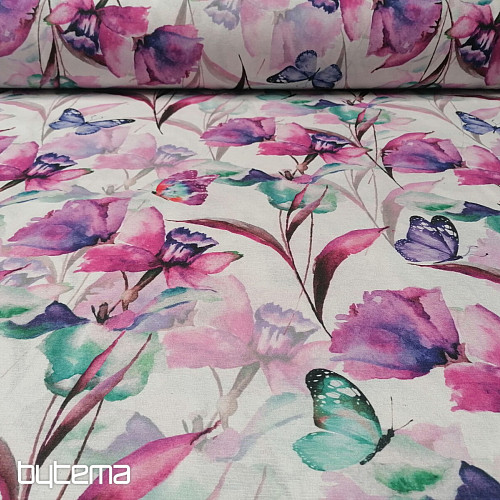 Dekorationsstoff BLUMEN UND SCHMETTERLINGE CATALEYA LILA TÜRKIS