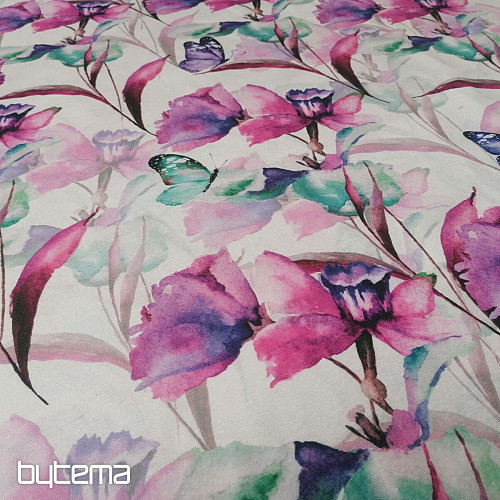 Dekorationsstoff BLUMEN UND SCHMETTERLINGE CATALEYA LILA TÜRKIS