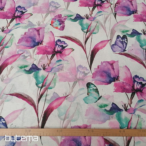 Dekorationsstoff BLUMEN UND SCHMETTERLINGE CATALEYA LILA TÜRKIS
