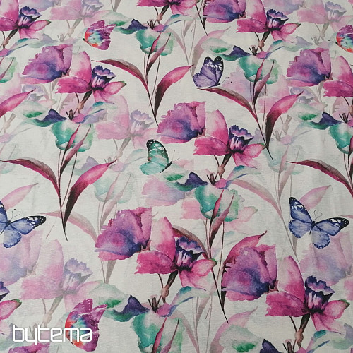 Dekorationsstoff BLUMEN UND SCHMETTERLINGE CATALEYA LILA TÜRKIS