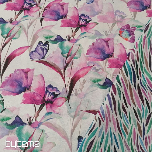 Dekorationsstoff BLUMEN UND SCHMETTERLINGE CATALEYA LILA TÜRKIS