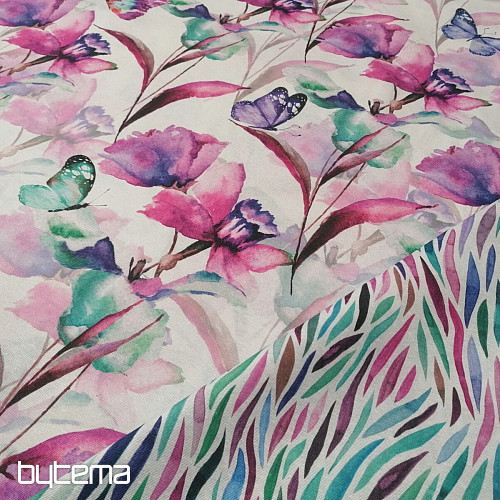 Dekorationsstoff BLUMEN UND SCHMETTERLINGE CATALEYA LILA TÜRKIS