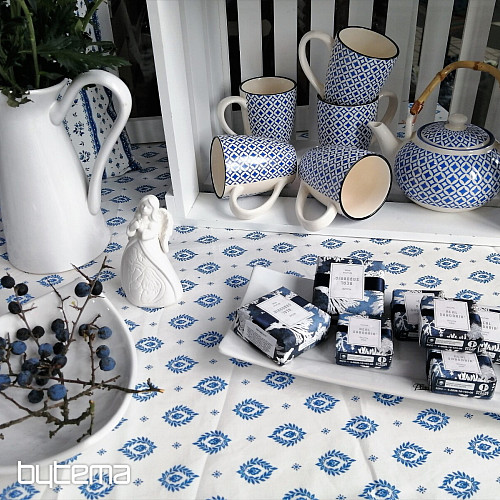 Baumwollstoff FOLK BLUE BLÄTTER