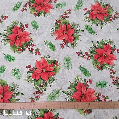 Weihnachtlicher Dekostoff Christrosen und Nadeln