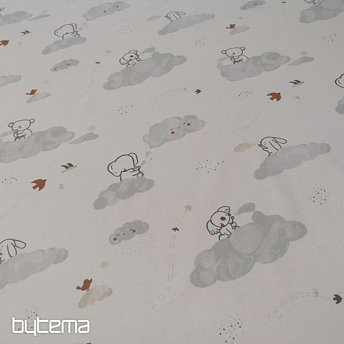 Baumwollstoff Tiere auf einer Wolke - weiß