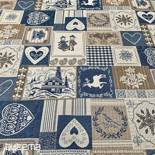 Dekorativer Jacquardstoff PATCHWORK HERZEN BLAU