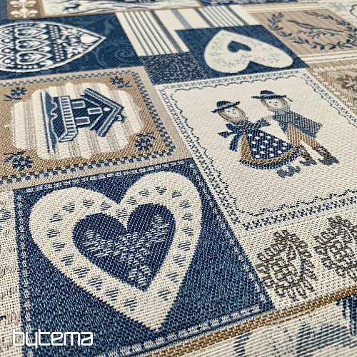 Dekorativer Jacquardstoff PATCHWORK HERZEN BLAU