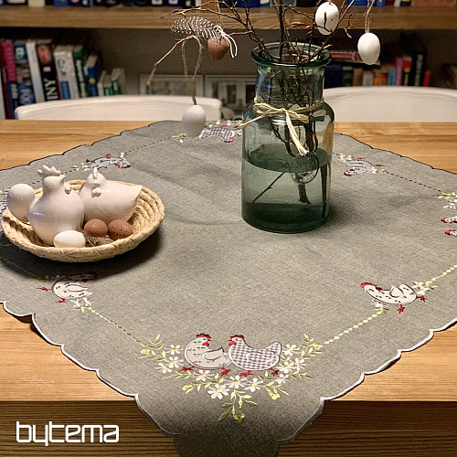 Bestickte Ostertischdecke und Schal HENNE UND BLUMEN grau