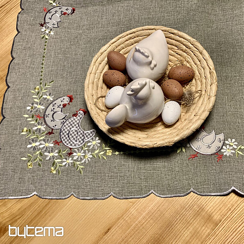 Bestickte Ostertischdecke und Schal HENNE UND BLUMEN grau