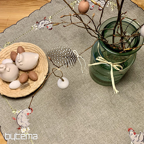 Bestickte Ostertischdecke und Schal HENNE UND BLUMEN grau