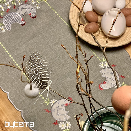 Bestickte Ostertischdecke und Schal HENNE UND BLUMEN grau