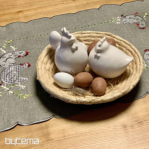Bestickte Ostertischdecke und Schal HENNE UND BLUMEN grau